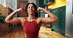 Arm flex, portrait or woman in home for fitness, satisfaction or strength check in workout result. Exercise, pride or bodybuilder on floor with muscle squeeze, bicep or outcome in body transformation