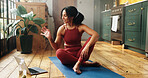 Happy woman, laptop and yoga with video call in home for exercise, virtual class or health tips. Active, female person or wave with smile on computer or mat for online tutorial or fitness webinar