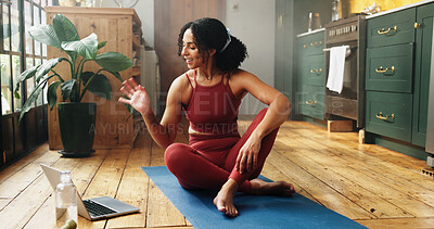 Buy stock photo Happy woman, laptop and yoga with video call in home for exercise, virtual class or health tips. Active, female person or wave with smile on computer or mat for online tutorial or fitness webinar