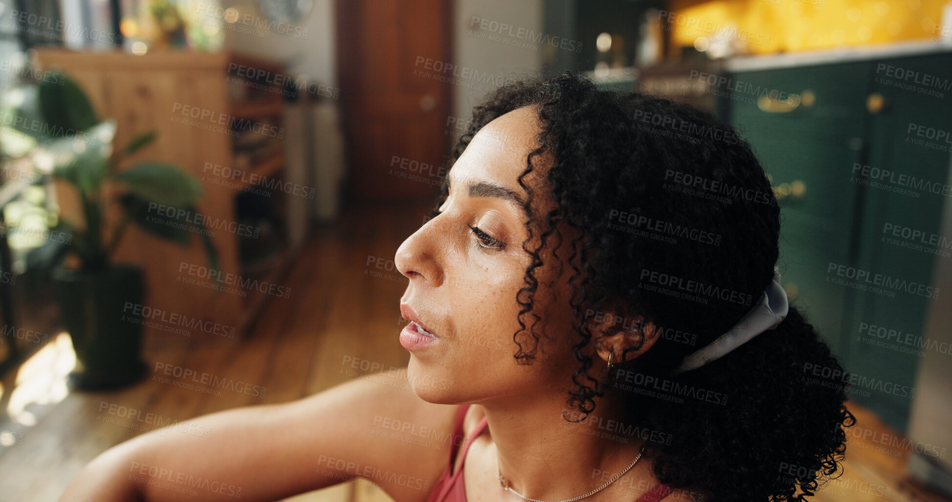 Buy stock photo Yoga, breathing and woman in home for thinking, peace and health with calm on break. Self care, yogi and person in kitchen for holistic mindset, fitness and relax with reflection for wellness