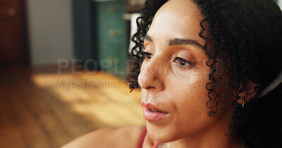 Buy stock photo African woman, breathing and yoga at house with vision, fitness break and ideas for inner peace. Thinking, female person and reflection of holistic health, calm mindset and rest for recovery wellness
