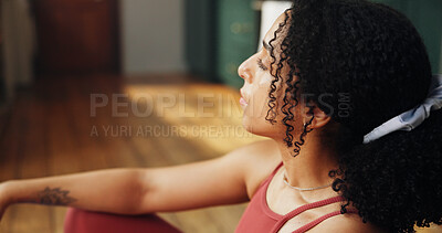 Buy stock photo Thinking, African woman and yoga at house with vision, fitness break and ideas for inner peace. Thoughts, female person and reflection for holistic health, calm mindset and rest for recovery wellness