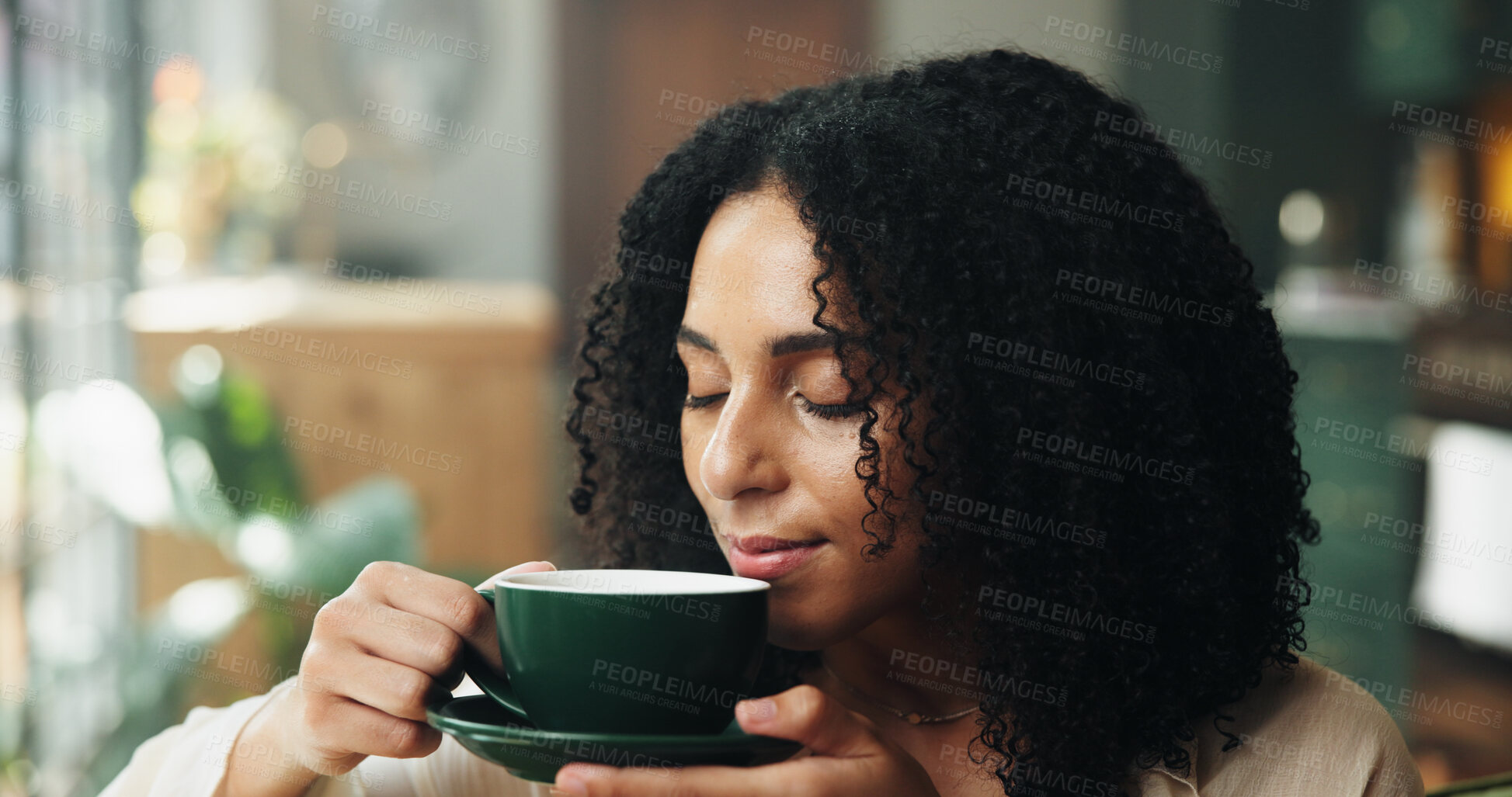 Buy stock photo Aroma, break and coffee with woman in home for caffeine, me time or weekend recovery. Cup, quiet and wellness with person drinking fresh beverage in apartment for chilling, easy morning or relax