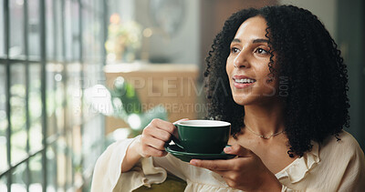 Buy stock photo Break, coffee and thinking with woman in home for caffeine, me time or weekend recovery. Cup, idea and vision with happy person drinking fresh beverage in apartment for chilling or easy morning relax