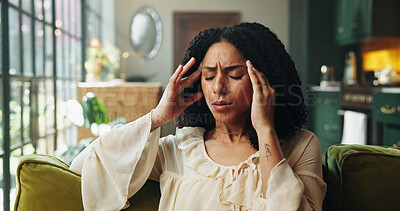Buy stock photo African woman, discomfort and headache at house with fatigue, overwhelmed and burnout symptoms. Stress, female person and dizziness from migraine, exhaustion and brain fog with vertigo in living room