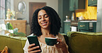 Break, coffee and phone with woman on sofa in living room of home for me time or weekend. App, cup and text message with person drinking beverage in apartment for chilling, easy morning or relax