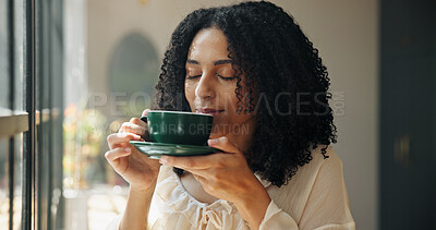 Buy stock photo Aroma, coffee and wellness with woman in home for caffeine, me time or weekend recovery. Break, cup and quiet with person drinking fresh beverage in apartment for chilling, easy morning or relax