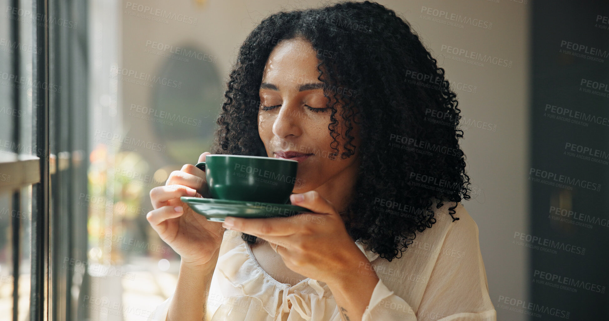 Buy stock photo Aroma, coffee and wellness with woman in home for caffeine, me time or weekend recovery. Break, cup and quiet with person drinking fresh beverage in apartment for chilling, easy morning or relax