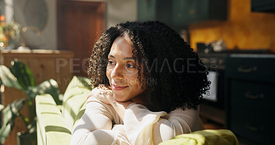 Buy stock photo Thinking, African woman and smile at house with vision, peace and planning for calm morning. Thoughts, female person and reflection of weekend break, comfortable and daydreaming with nostalgia memory