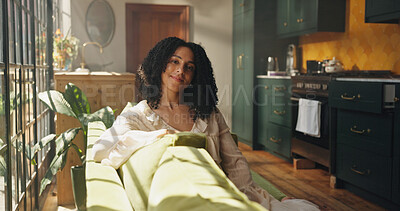 Buy stock photo Happy, relax and portrait of woman on sofa in home with calm, peace and morning break on weekend. Smile, positive attitude and female person on couch in living room for comfort in apartment in Mexico