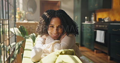 Buy stock photo Portrait, woman or relax on sofa with smile for free time, wellness or peaceful weekend break. Happy, female person or comfortable on couch with positive mindset, optimism or rest in home living room