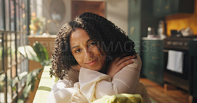 Buy stock photo Smile, relax and portrait of woman on sofa in home with calm, peace and morning break on weekend. Happy, positive attitude and female person on couch in living room for comfort in apartment in Mexico