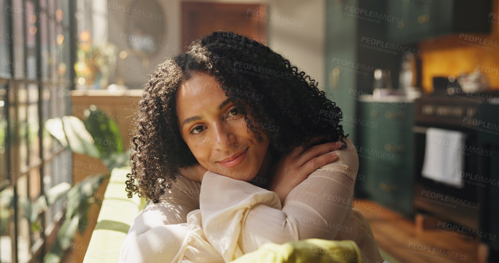 Buy stock photo Smile, relax and portrait of woman on sofa in home with calm, peace and morning break on weekend. Happy, positive attitude and female person on couch in living room for comfort in apartment in Mexico