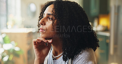 Buy stock photo Thinking, decision and freelancer with woman in home for reflection, project inspiration and planning. Remember, problem solving and remote worker with person in apartment for brainstorming and idea