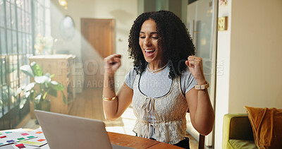 Buy stock photo Remote work, woman and celebration with laptop in home for success, project approval or milestone. Computer, excited freelancer and fist pump for goal achievement, winning and job promotion email