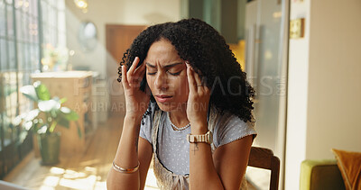 Buy stock photo Headache, frustrated and woman with pain in home, poor mental health or overwhelmed from stress. Apartment, temple pressure or person with burnout from anxiety, migraine or brain fog for overthinking