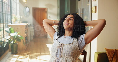 Buy stock photo Thinking, woman and stretching in living room with smile for relax, peaceful moment and daydreaming. Happy, female person and unwind in home with reflection for self care, wellness and satisfaction.