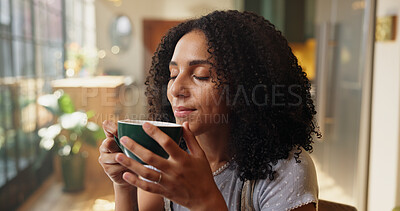 Buy stock photo Coffee, scent and wellness with woman in home for caffeine, me time or weekend recovery. Aroma, cup and smelling with person drinking fresh beverage in apartment for chilling, easy morning or relax