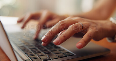 Buy stock photo Woman, hands and typing in apartment with laptop for journalism, news research or remote work. Freelancer, person or browse with computer in home for online article, blog report or media publication.