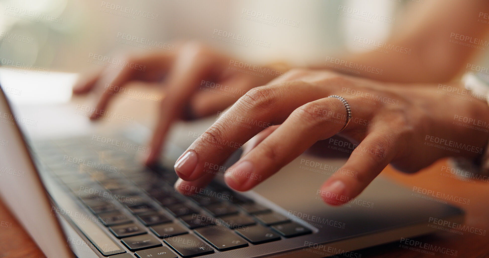 Buy stock photo Woman, hands and typing in apartment with laptop for journalism, news research or remote work. Freelancer, person or browse with computer in home for online article, blog report or media publication.
