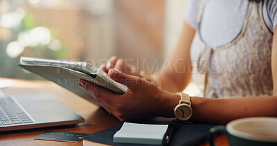 Buy stock photo Hands, remote work and tablet with person at desk in home for planning, research or review. App, internet and technology with freelance entrepreneur in apartment for small business or startup