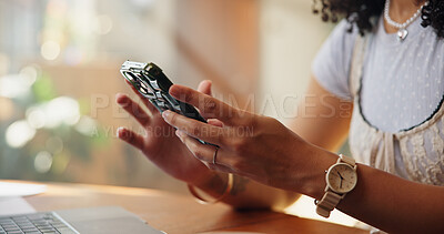 Buy stock photo Phone, freelancer and hands of woman in home for planning, project proposal and research. Online feedback, remote work timeline and digital report with person in apartment for email and contact