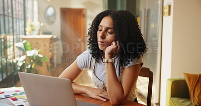 Buy stock photo Sleeping, woman or laptop in home with fatigue from remote work burnout, interior design stress or fail. Tired, freelancer or creative person in apartment with computer, mistake or deadline pressure.