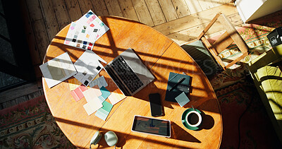 Buy stock photo Above, table and creative setup with swatches at house for research, paint choice and interior design. Tech, color palette and fabric samples for shade comparison, texture coordination and renovation