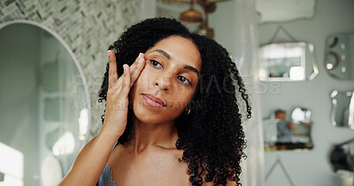 Buy stock photo Skincare, facial or woman in home with shine, hydration or vitamin benefits for soft skin. Dermatology, glow or girl in bathroom with application, collagen or radiance in anti aging treatment.