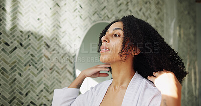 Buy stock photo Hair, hygiene and morning routine with woman in bathroom of home for beauty, growth or wellness. Haircare, inspection and volume with person in apartment for cosmetics, keratin or shampoo results