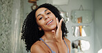 Beauty, cleaning and portrait of woman in bathroom of home for morning routine or skincare. Facial care, inspection and smile of happy person in apartment for grooming, hygiene or wellness results