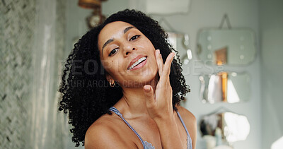 Buy stock photo Beauty, cleaning and portrait of woman in bathroom of home for morning routine or skincare. Facial care, inspection and smile of happy person in apartment for grooming, hygiene or wellness results