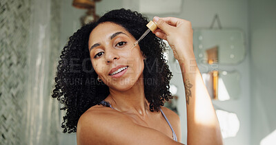 Buy stock photo Skincare, portrait or woman in bathroom with oil pipette, hydration or vitamin C benefits in soft skin. Dermatology, glow or girl in house with facial serum, collagen or shine in anti aging treatment