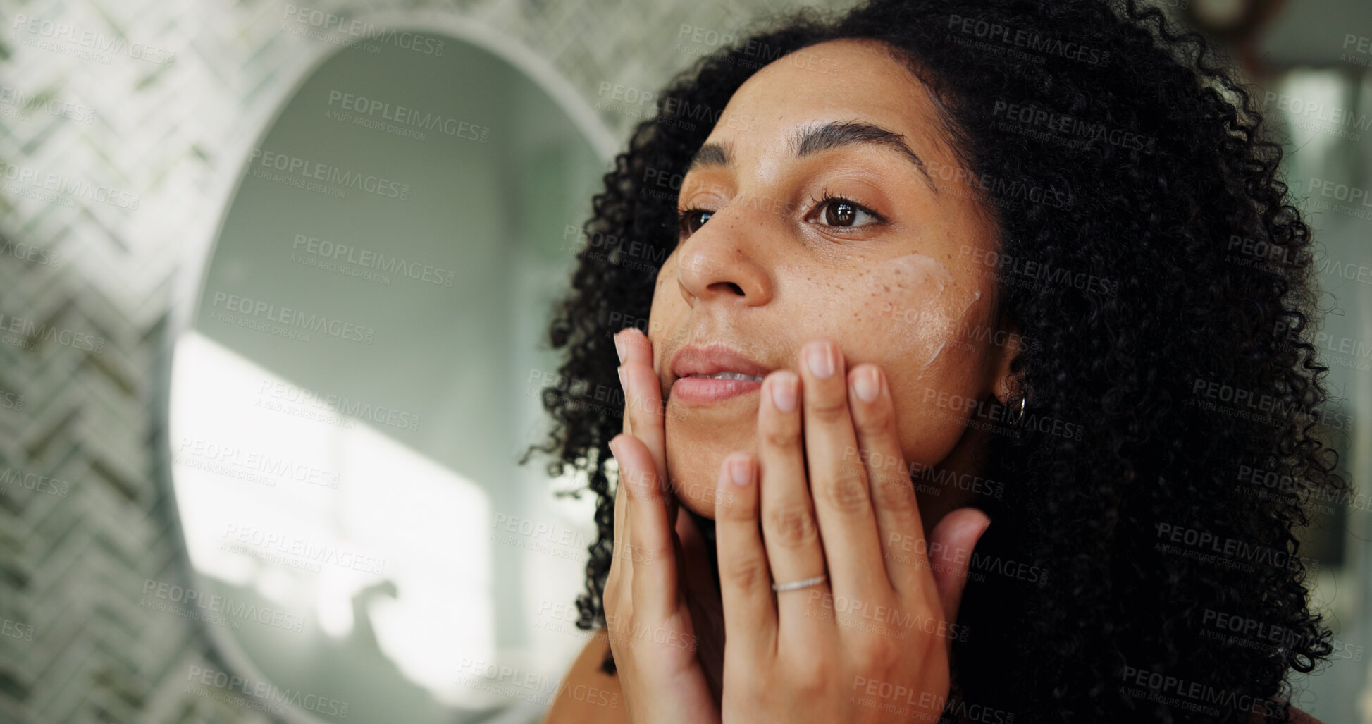 Buy stock photo Skincare, oil or woman in bathroom with massage, hydration or vitamin C benefits for soft skin. Dermatology, glow or female person in house with serum, collagen or shine in anti aging treatment.
