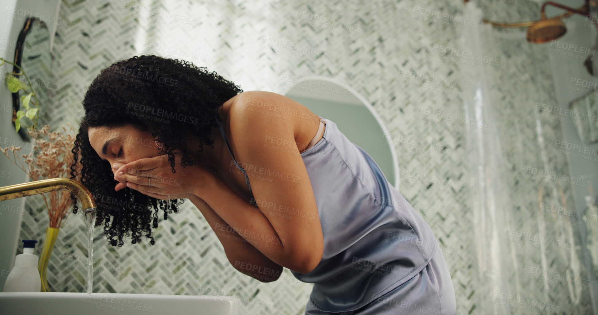 Buy stock photo Bathroom, skincare and woman washing face at sink, hygiene and grooming routine for morning wellness. Self care, facial cleansing or person in home for dermatology practice, tap water and low angle