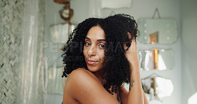 Buy stock photo Hair, morning routine and portrait of woman in bathroom of home for beauty, growth or wellness. Haircare, hygiene and volume with person in apartment for cosmetics with shampoo treatment results