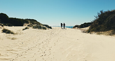 Buy stock photo Hiking, outdoor and back of people by beach for adventure, vacation or getaway with exercise. Travel, mockup space and friends with trekking together by ocean for holiday, journey or weekend trip.