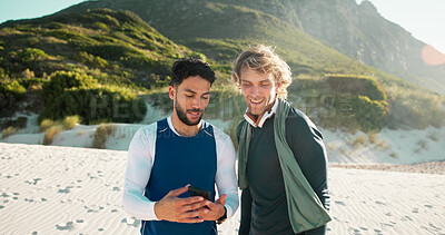 Buy stock photo Outdoor, smartphone and men with fitness, internet and online reading with weekend break. People, exercise and friends with cellphone, network and nature with social media, chatting and communication