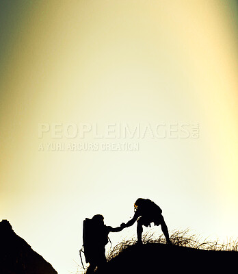Buy stock photo Hiking, silhouette and people on mountain with support, together or motivation for exploration goals. Adventure, space or friends outdoor with climb, endurance or helping hand for trekking milestone.