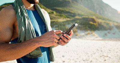 Buy stock photo Outdoor, smartphone and man with fitness, hands and online reading with weekend break. Healthy person, exercise and athlete with cellphone, social media and app to track progress and workout schedule