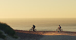 People, cycling and mountain bike with ocean view on banner for outdoor journey or adventure. Cyclist, friends or fitness with bicycle on mockup space or beach for extreme ride, exercise or travel
