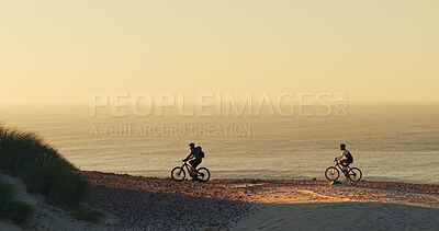 Buy stock photo People, cycling and mountain bike with ocean view for outdoor journey or adventure in nature. Cyclist, friends or fitness with bicycle on mockup space or beach for extreme sport, exercise or travel