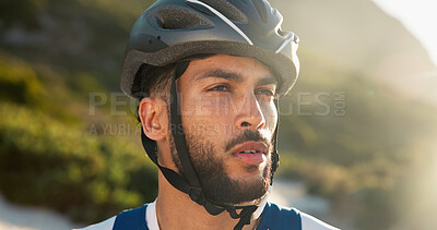 Buy stock photo Cycling, helmet and thinking with man in mountains for adventure hobby, fitness or planning. Exercise, idea and vision with cyclist person outdoor in nature for cardio training, safety or workout