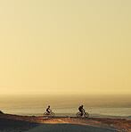 People, cycling and mountain bike with beach view on banner for outdoor journey or adventure. Cyclist, friends or fitness with bicycle on mockup space by ocean for extreme ride, exercise or travel