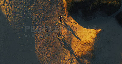 Buy stock photo Aerial, people and cycling on bicycle outdoor for fitness, extreme sport and adventure challenge. Cyclist, nature and bike for off road exercise, endurance training and race for triathlon competition