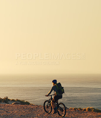 Buy stock photo Man, cycling and mountain bike with ocean view for outdoor journey or adventure in nature. Back, male person or cyclist with bicycle ride on mockup space by sea for extreme sport, exercise or travel