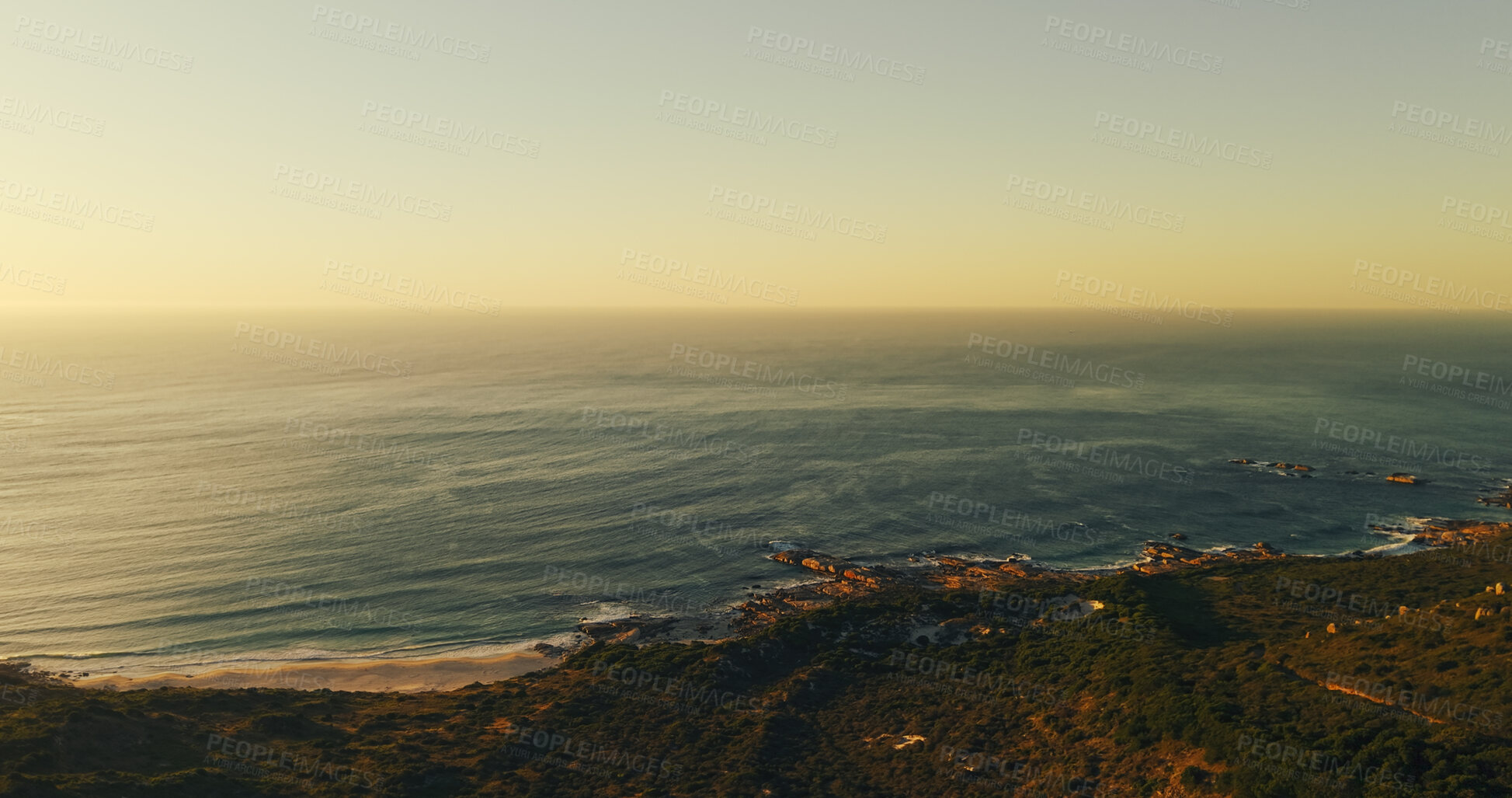 Buy stock photo Ocean, scenery and water in nature, outdoor and travel destination with space, environment and waves. Beach, sunset and aerial view on vacation location, greenery and sustainability of vegetation