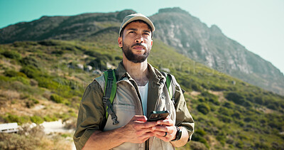 Buy stock photo Outdoor, hiking and man with cellphone, thinking and journey with digital app for navigation. Healthy person, travel or hiker with smartphone, location and direction with adventure and contemplation