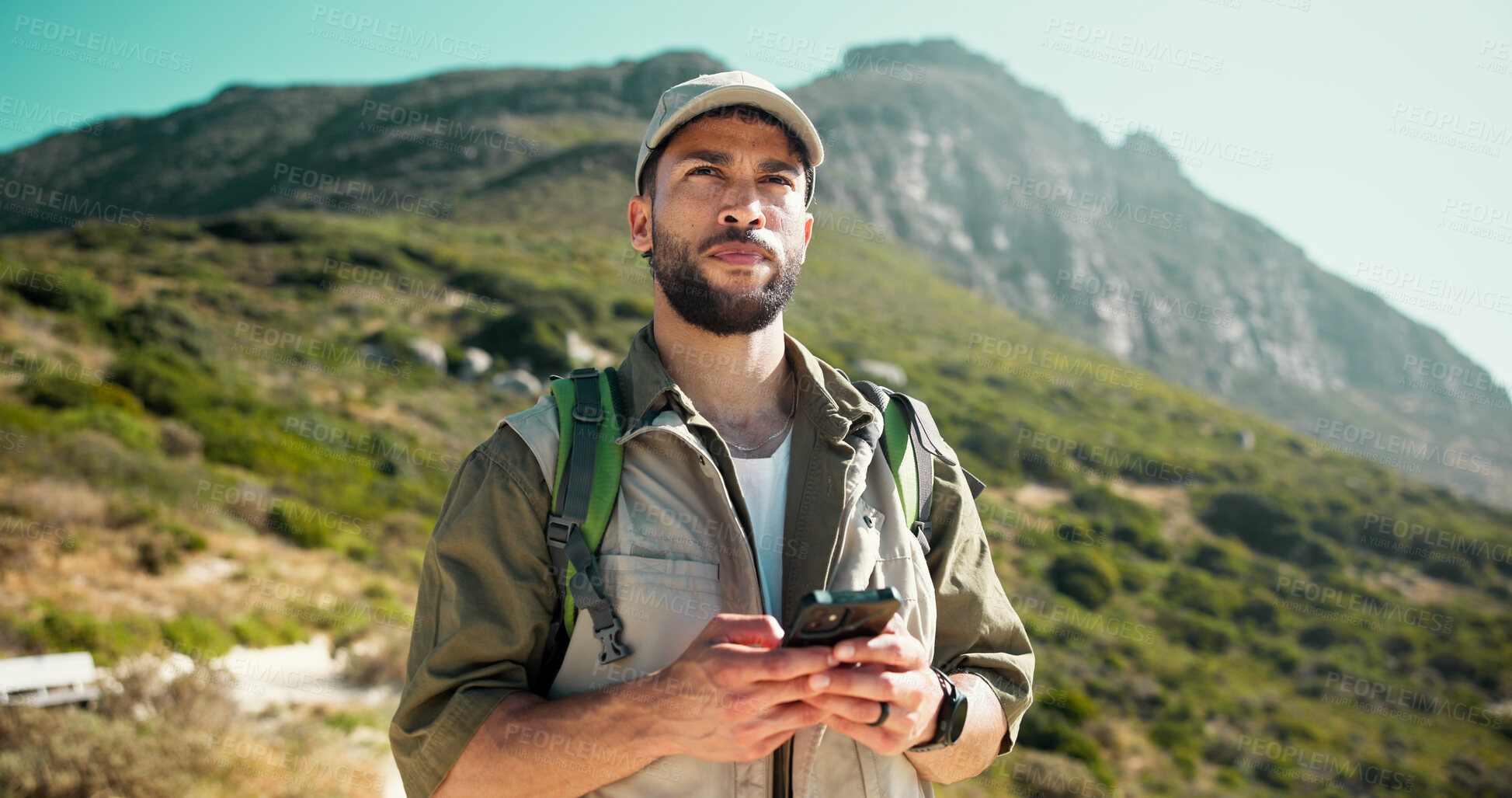 Buy stock photo Outdoor, hiking and man with cellphone, thinking and journey with digital app for navigation. Healthy person, travel or hiker with smartphone, location and direction with adventure and contemplation
