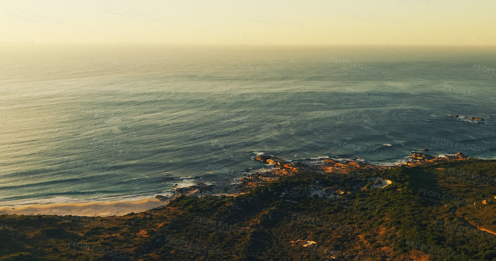 Buy stock photo Ocean, rocks and above with waves, landscape and sky with nature, environment and beach by hill. Sea, horizon and drone view for marine ecosystem, conservation or sustainability with space in summer